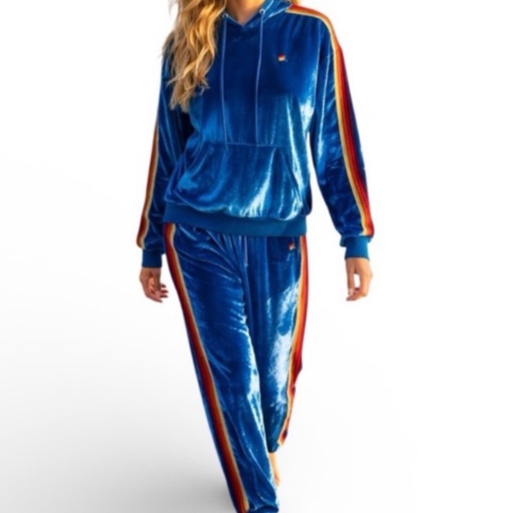 Aviator Nation blue velvet rainbow zipper jacket and jogger set *Size S and M*